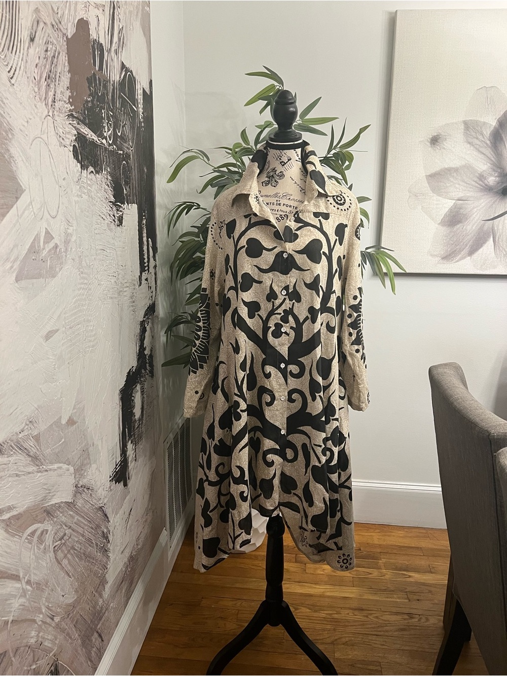 Beige and Black Long-Sleeve Patterned Button-Front Dress